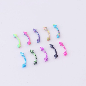 Set of 10 colorful curved eyebrow rings with spiked ends and unique marble patterns
