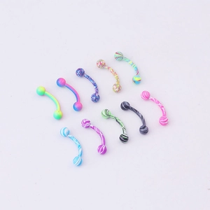 Set of 10 colorful stainless steel curved barbell eyebrow rings with water ripple paint