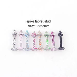 Set of 8 colorful stainless steel spike labret studs with spotted pattern in 1.2x8x3mm size