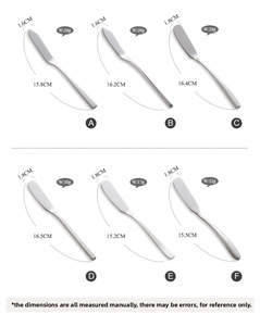 Size chart showing width length and weight for stainless steel butter knives and spreaders