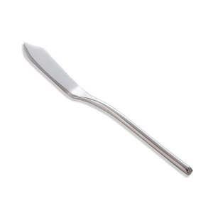 Polished 304 stainless steel butter knife with a minimalist ergonomic handle on white background