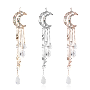 Rhinestone Crescent Moon Hair Clip Alloy Star Tassel Dangle Crystal Teardrop Pendant Hair Accessory For Women