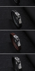 Macro view of woven leather bracelets with classic stainless steel snake head clasp detail