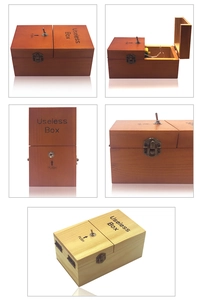 Detailed multi-angle views of the wooden Useless Box showing inner gears and PUSH switch
