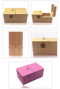 Detailed multi-angle views of useless box in pink and natural wood with metal switch