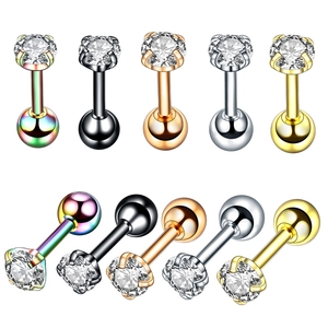 Detailed close-up of five-color stainless steel tragus studs with four-prong zircon setting