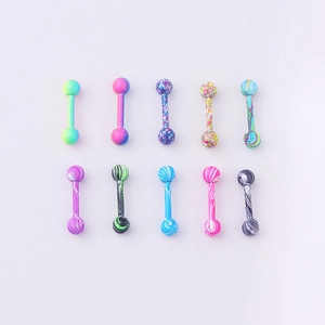 Set of 10 colorful stainless steel barbell piercings for tongue and body jewelry