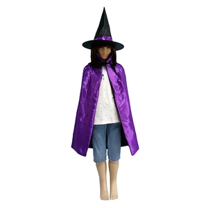 Kids Halloween wizard costume set with bright purple satin cape and black pointed hat