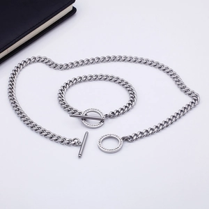 Polished stainless steel Cuban chain necklace and bracelet set with rhinestone T-bar toggle