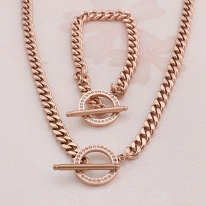 Herren Set aus roségoldener Edelstahl Panzerkette und Armband mit T-Verschluss und Kristallen