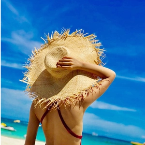Outdoor stylish straw sun hat with frayed brim for beach vacation and sun protection