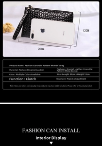 Detailed size specifications of black crocodile embossed patent leather clutch bag
