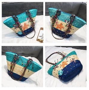 Detailed views of a straw beach bag featuring color-block panels and floral accents