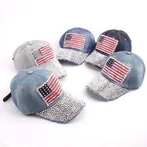 Rhinestone Denim Baseball Cap American Flag Pattern Distressed Cotton Outdoor Adjustable Sun Hat For Adult Men Women