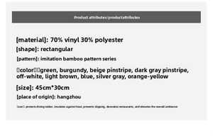 Detailed specs for heat-resistant PVC placemats with bamboo texture and 45x30cm size