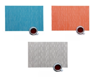 Detailed weave pattern of heat-resistant PVC placemats in blue, orange, and silver grey