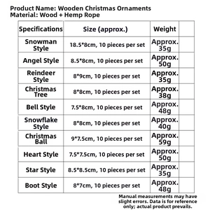 Size chart for wooden Christmas pendants showing dimensions and weight for various shapes