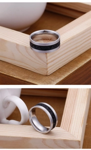 Detailed view of silver titanium ring with black geometric pyramid pattern inlay