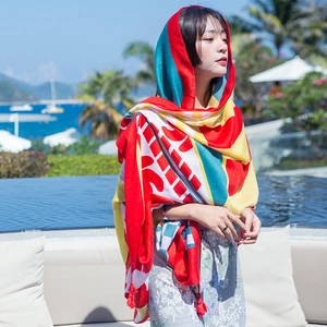 Ethnic style cotton linen sun protection shawl with tassel and colorful patchwork pattern