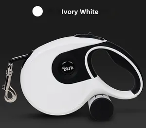 Laisse rétractable pour chien blanc ivoire avec porte-sac poubelle et crochet métal