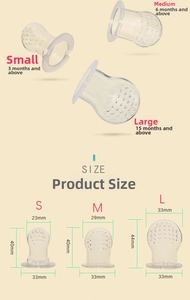 Size chart for baby fruit feeder pacifier showing S, M, and L dimensions and age guides