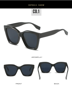 Three angles of retro y2k cat eye sunglasses with black frames and dark grey lenses