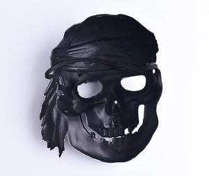 Detailed top view of a black plastic pirate skull mask for Halloween theme on white background