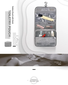Hanging gray toiletry bag with multiple mesh compartments and hook for easy travel storage