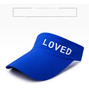 Close-up of royal blue sun visor with mesh fabric and LOVED text for sun protection