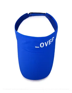 Top view of breathable blue visor cap with white LOVED text and mesh texture detail