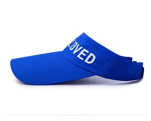 Side view of blue sun visor hat with breathable mesh fabric and LOVED text detail