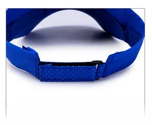 Detail of adjustable Velcro strap and breathable mesh fabric on royal blue sun visor