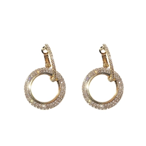 Fashionable gold-plated circular drop earrings featuring sparkling white rhinestones