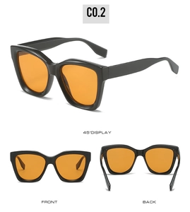 Three-view display of black cat-eye sunglasses with transparent orange lenses