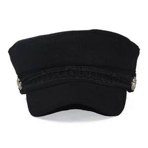 Classic black wool newsboy cap with decorative woven rope and silver metal buttons