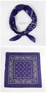 Detail view of deep purple paisley cotton bandana with 100% cotton mark and texture