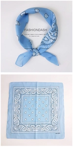 Detail showing 100% cotton light blue paisley bandana with classic cashew flower pattern
