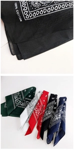 Macro detail of 100% cotton paisley bandanas in black, green, white, red, and blue colors