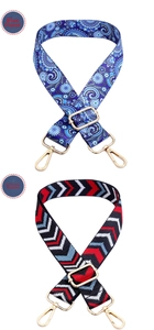 Detail of adjustable bag straps with blue floral and geometric patterns and gold clips