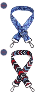 Detail of adjustable woven straps with blue paisley pattern and colorful geometric patterns