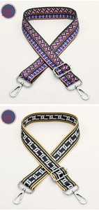 Detail of adjustable thick fabric shoulder straps with ethnic and geometric patterns