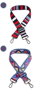 Detail of adjustable woven wide shoulder straps with ethnic geometric patterns and metal hooks
