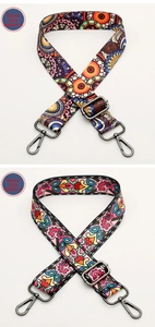 Detail view of adjustable ethnic style bag straps with mandala and floral patterns
