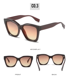 Three angles of retro oversized cat-eye sunglasses with brown frames and orange lenses