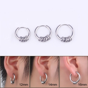 Three sizes of silver stainless steel hoop earrings with ring charms on model