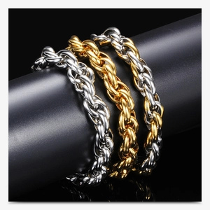 Close-up of 10mm punk twist chain bracelets in silver, gold, and two-tone finishes