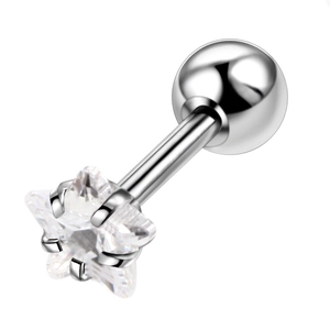 Macro view of star-shaped zircon stud earring with polished stainless steel screw back