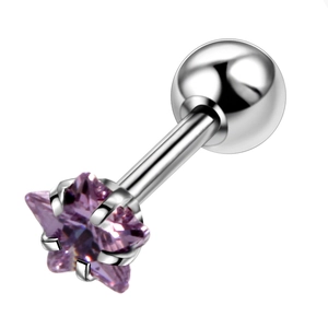 Detail of star-shaped purple zircon stud earring with polished silver stainless steel post