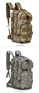 Close-up of tactical 3P backpacks in CP camouflage and ACU digital patterns with MOLLE system