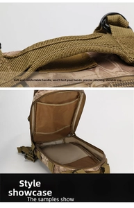 Detail of reinforced handle and internal mesh pocket on camouflage tactical chest bag